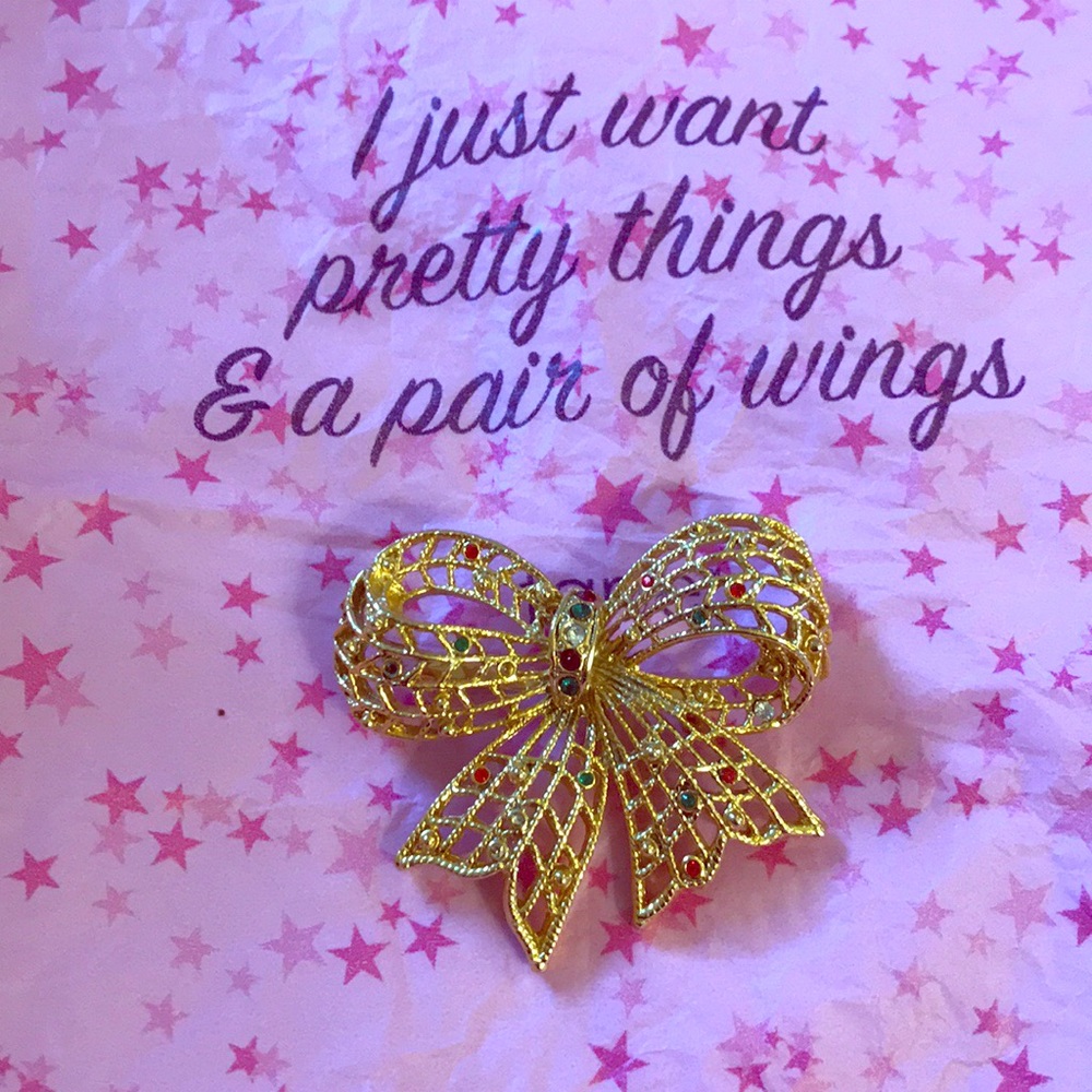 Jeweled Gold Tone Bow Brooch